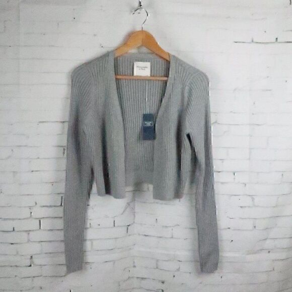 ABERCROMBIE & FITCH GREY LONG SLEEVE RIBBED CROPPED OPEN CARDIGAN SWEATER NWT